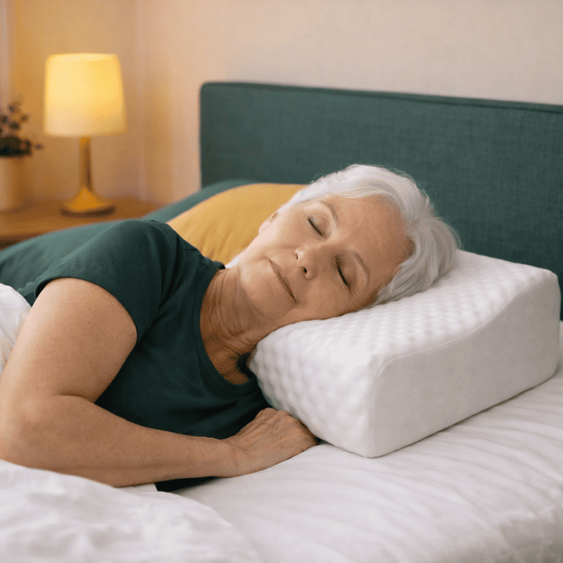 Mulher idosa dormindo de lado em cama confortável, utilizando travesseiro cervical ortopédico branco com apoio anatômico para o pescoço.